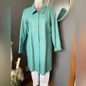 Vintage Newport News Leather Jacket Teal Blue With Cheetah Print Large